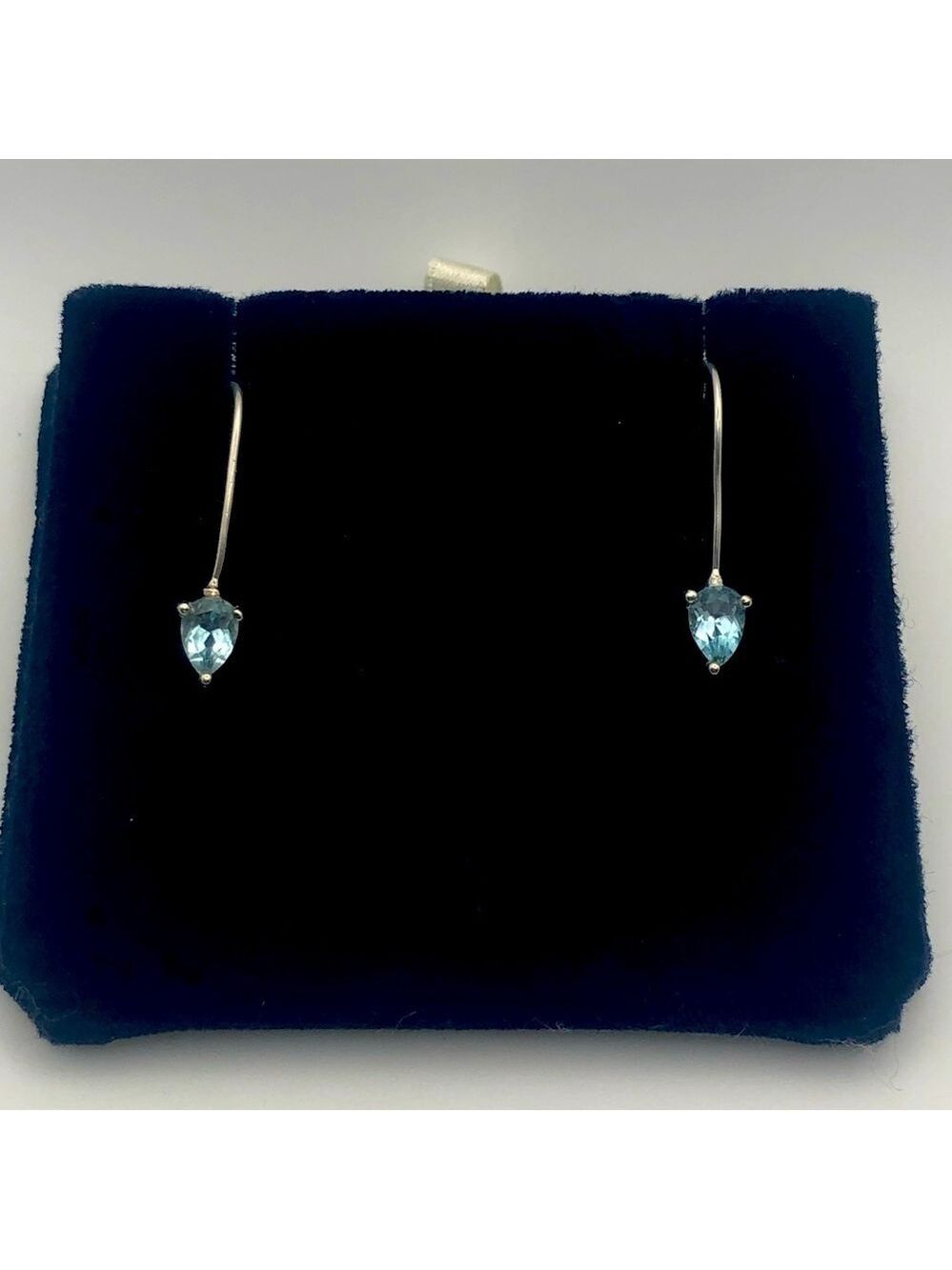 VTG Blue Topaz Sterling Silver Long Hook Earrings 1.1” Total